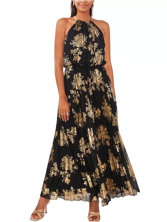 Xscape Dresses & Skirts - Xscape Black Halter Maxi Dress with Gold Foil Floral